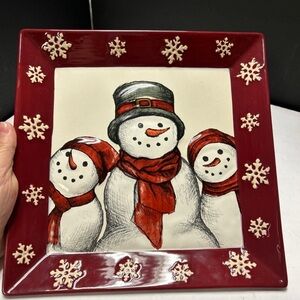 St. Nicholas Square Red and Cream Snowman Holiday Platter